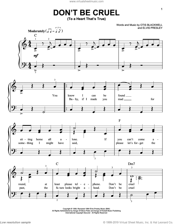 Don't Be Cruel (To A Heart That's True) sheet music for piano solo by Elvis Presley and Otis Blackwell, easy skill level