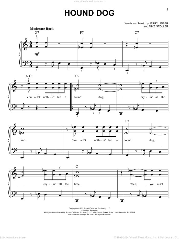 Hound Dog, (easy) sheet music for piano solo by Elvis Presley, Leiber & Stoller, Jerry Leiber and Mike Stoller, easy skill level