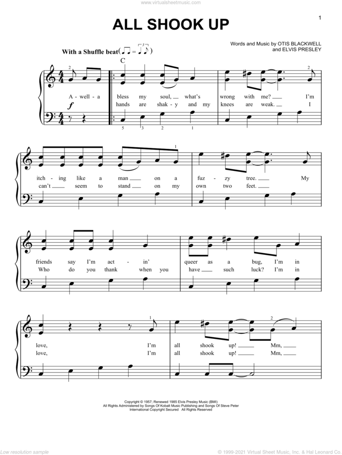 All Shook Up, (easy) sheet music for piano solo by Elvis Presley, Suzi Quatro and Otis Blackwell, easy skill level