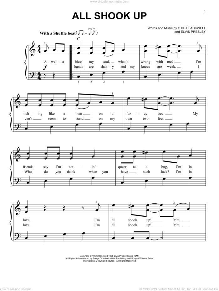 All Shook Up, (easy) sheet music for piano solo by Elvis Presley, Suzi Quatro and Otis Blackwell, easy skill level