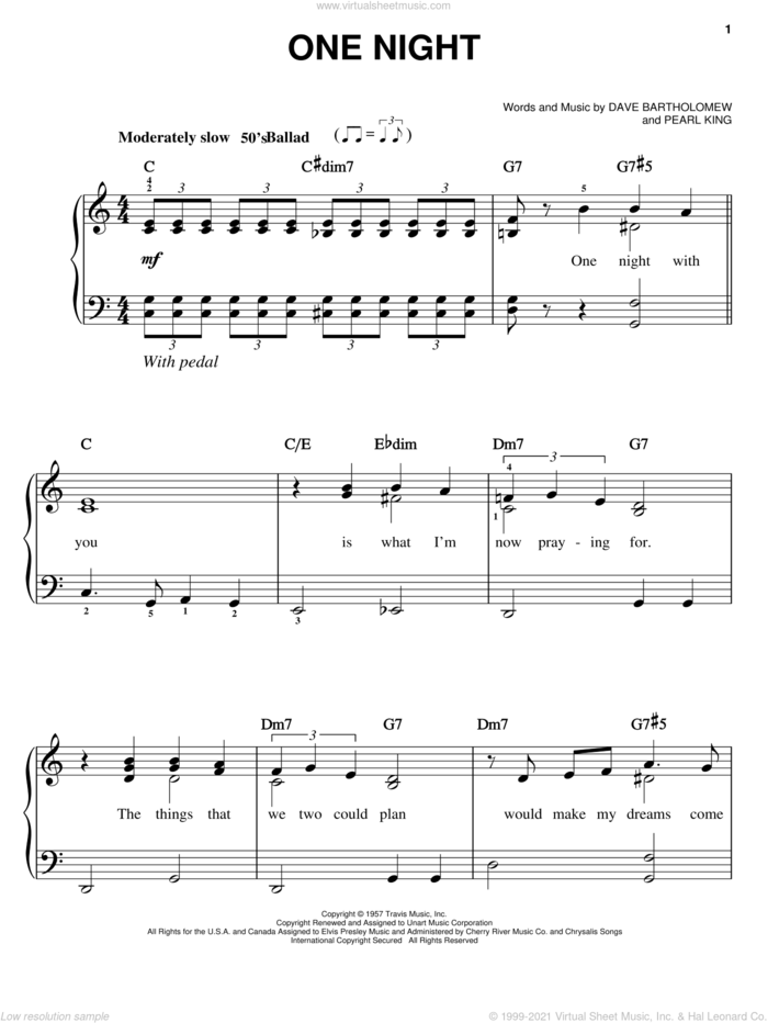 One Night sheet music for piano solo by Elvis Presley, Dave Bartholomew and Pearl King, easy skill level