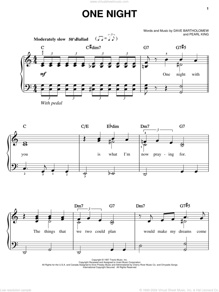 One Night sheet music for piano solo by Elvis Presley, Dave Bartholomew and Pearl King, easy skill level