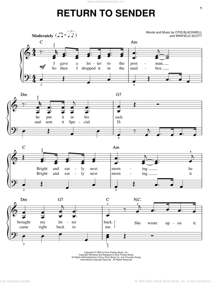 Return To Sender, (easy) sheet music for piano solo by Elvis Presley, Otis Blackwell and Winfield Scott, easy skill level