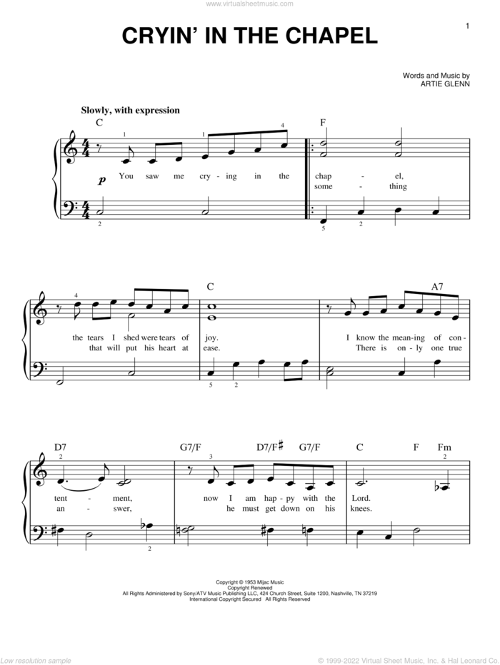 Crying In The Chapel sheet music for piano solo by Elvis Presley and Artie Glenn, easy skill level