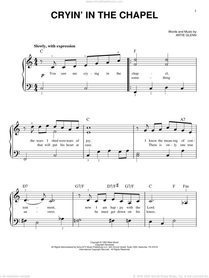 Crying In The Chapel sheet music for piano solo by Elvis Presley and Artie Glenn, easy skill level