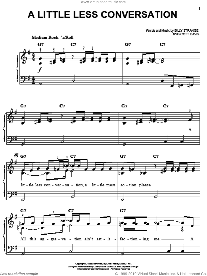 A Little Less Conversation sheet music for piano solo by Elvis Presley, JXL, Billy Strange and Scott Davis, easy skill level