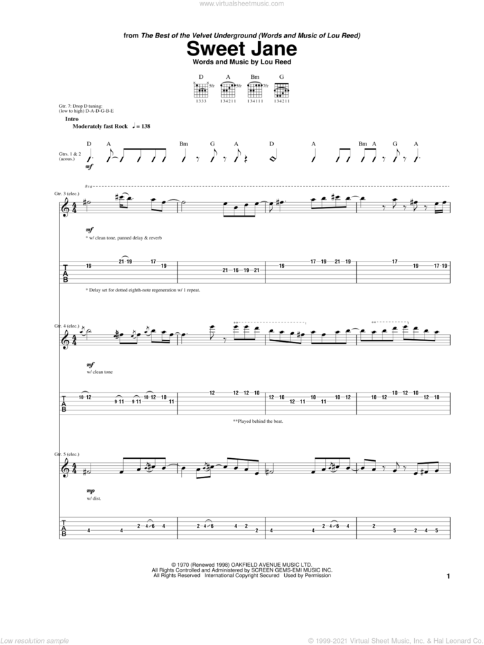 Sweet Jane sheet music for guitar (tablature) by The Velvet Underground, Cowboy Junkies and Lou Reed, intermediate skill level