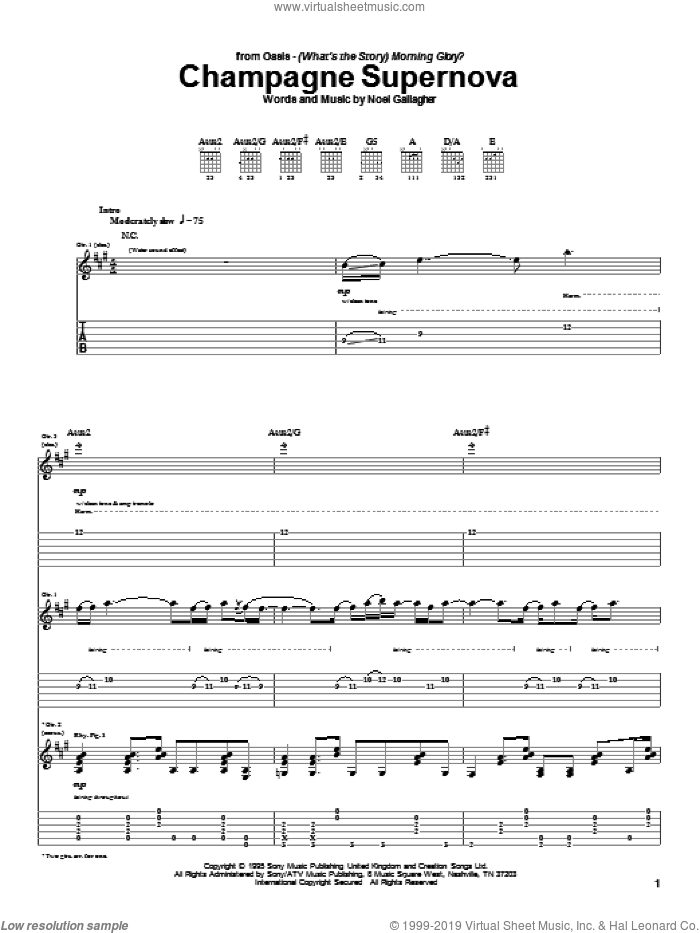 Champagne Supernova sheet music for guitar (tablature) by Oasis and Noel Gallagher, intermediate skill level