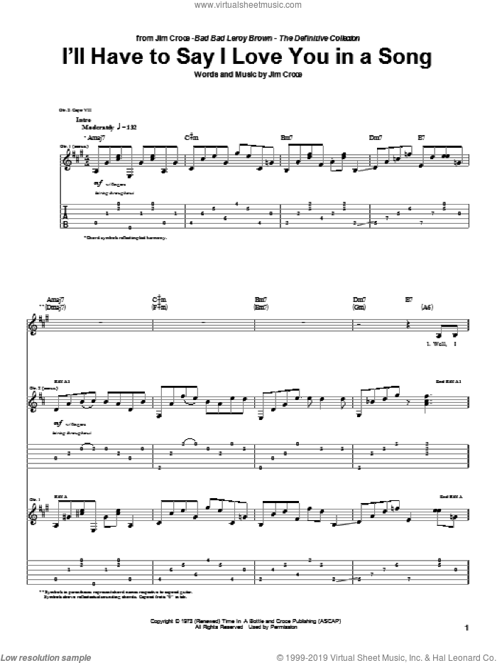 I'll Have To Say I Love You In A Song sheet music for guitar (tablature) by Jim Croce, wedding score, intermediate skill level