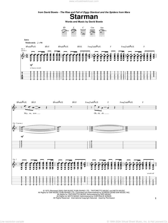 Starman sheet music for guitar (tablature) by David Bowie, intermediate skill level