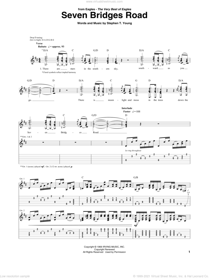 Seven Bridges Road sheet music for guitar (tablature) by Stephen T. Young and The Eagles, intermediate skill level