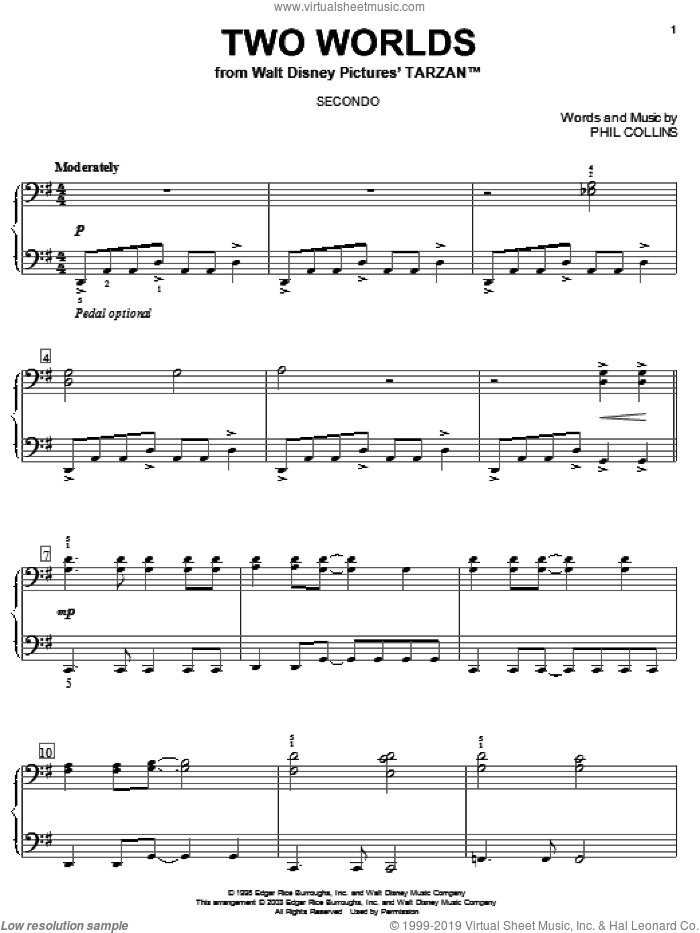 Two Worlds sheet music for piano four hands by Phil Collins, intermediate skill level