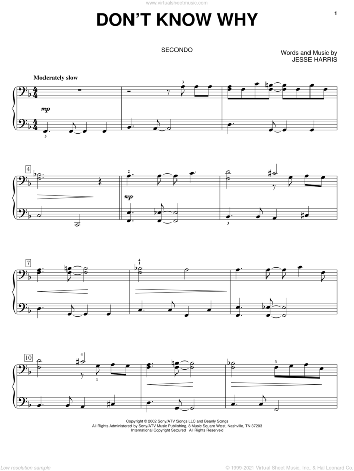 Don't Know Why sheet music for piano four hands by Norah Jones and Jesse Harris, intermediate skill level