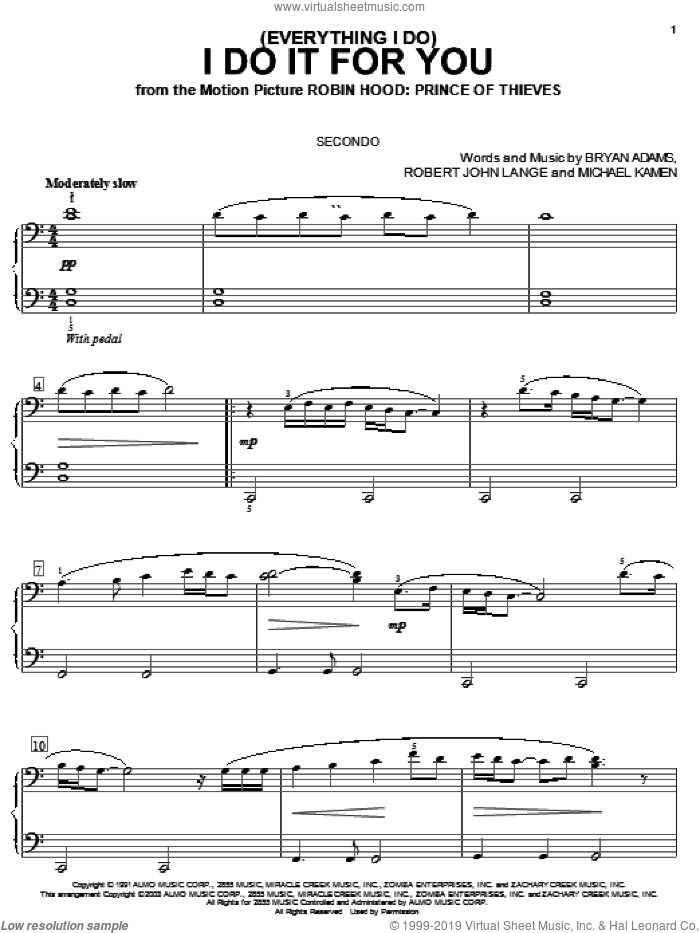 (Everything I Do) I Do It For You sheet music for piano four hands by Bryan Adams, Michael Kamen and Robert John Lange, intermediate skill level