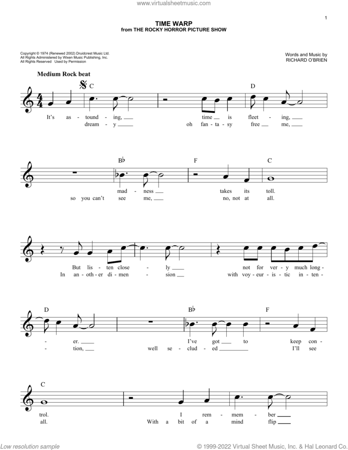 Time Warp (from The Rocky Horror Picture Show) sheet music for voice and other instruments (fake book) by Richard O'Brien, intermediate skill level