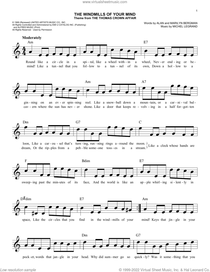 The Windmills Of Your Mind sheet music for voice and other instruments (fake book) by Michel LeGrand, Alan Bergman and Marilyn Bergman, easy skill level