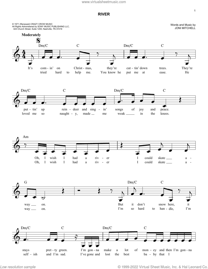 River sheet music for voice and other instruments (fake book) by Joni Mitchell and Linda Ronstadt, easy skill level