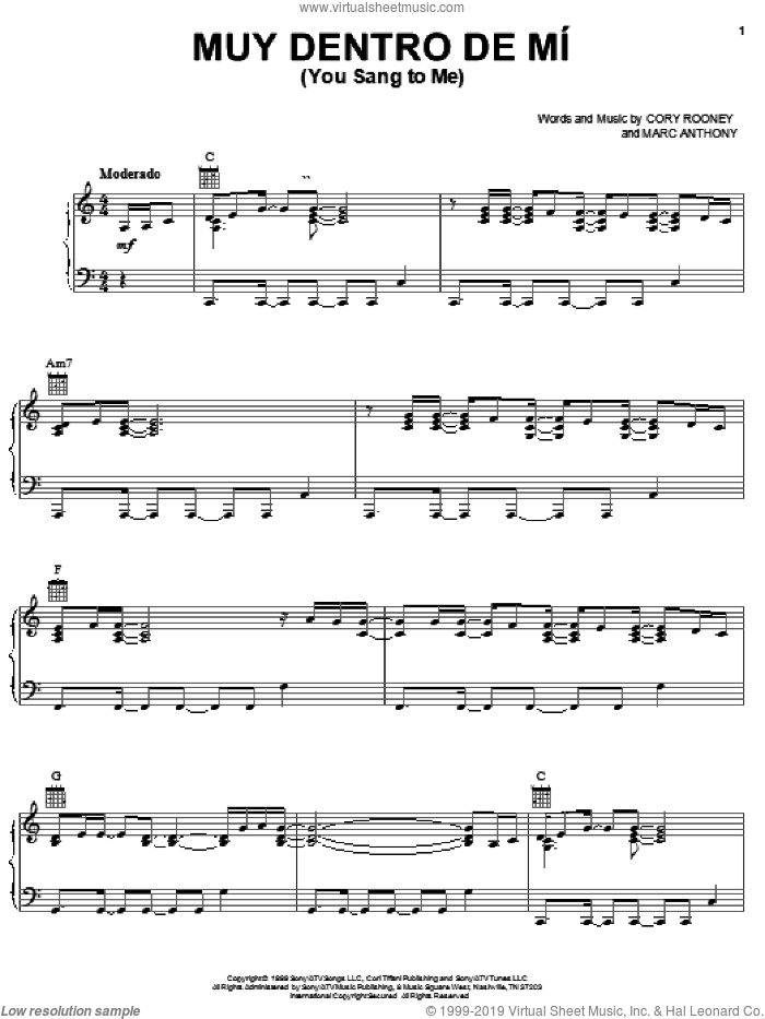 Muy Dentro De Mi (You Sang To Me) sheet music for voice, piano or guitar by Marc Anthony and Cory Rooney, wedding score, intermediate skill level
