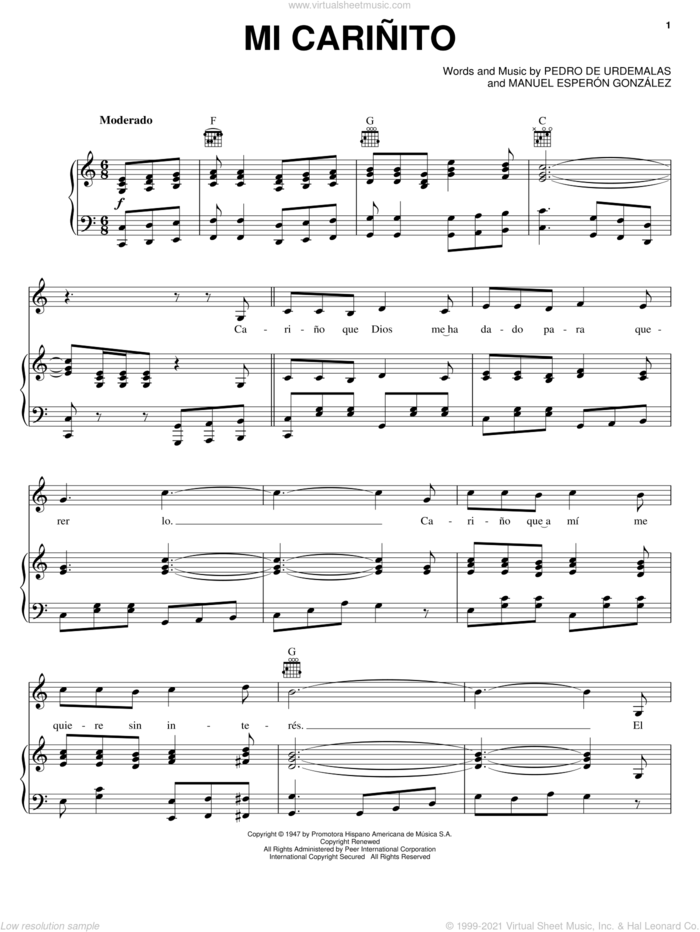 Mi Carinito sheet music for voice, piano or guitar by Pedro Fernandez, Manuel Esperon Gonzalez and Pedro de Urdemalas, wedding score, intermediate skill level