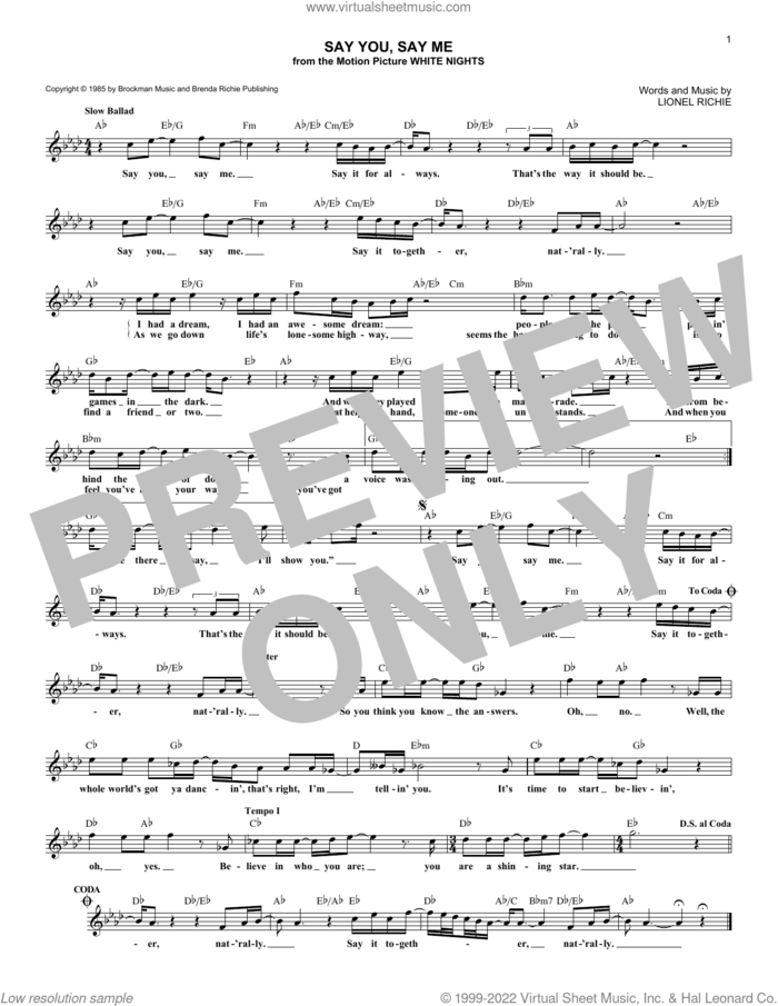 Say You, Say Me sheet music for voice and other instruments (fake book) by Lionel Richie, intermediate skill level