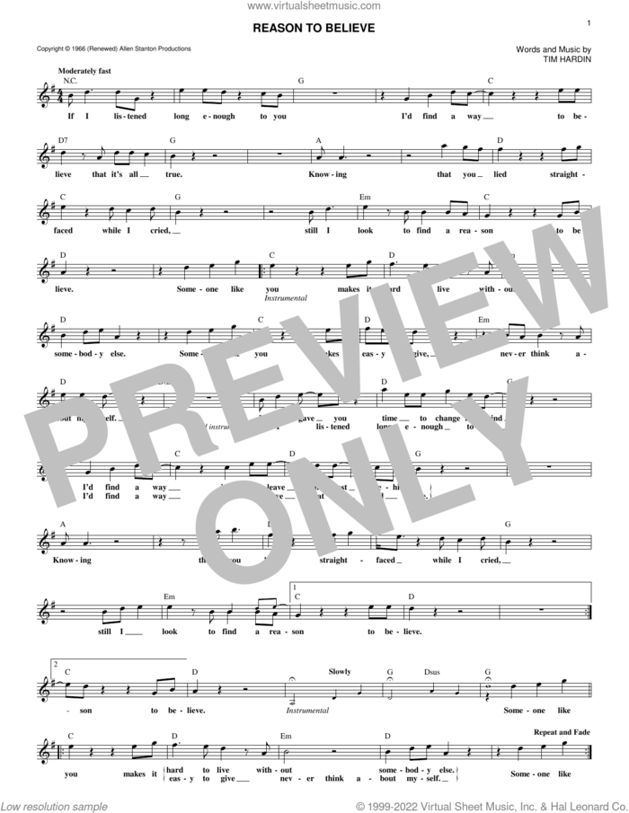 Reason To Believe sheet music for voice and other instruments (fake book) by Tim Hardin and Rod Stewart, intermediate skill level