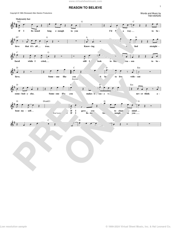 Reason To Believe sheet music for voice and other instruments (fake book) by Tim Hardin and Rod Stewart, intermediate skill level