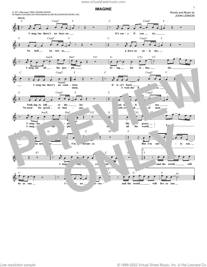 Imagine sheet music for voice and other instruments (fake book) by John Lennon, intermediate skill level