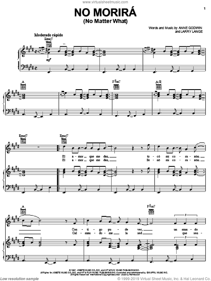 No Morira (No Matter What) sheet music for voice, piano or guitar by DLG (Dark Latin Groove), Anne Godwin and Larry Lange, wedding score, intermediate skill level
