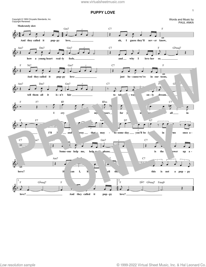 Puppy Love sheet music for voice and other instruments (fake book) by Paul Anka and Donny Osmond, intermediate skill level