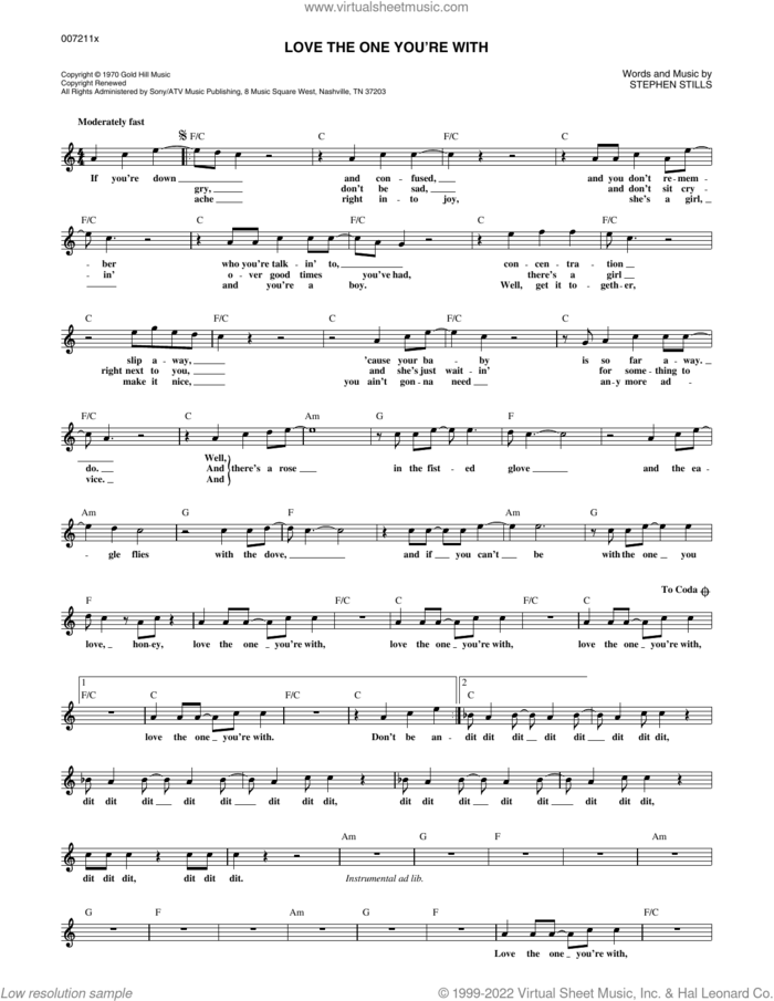 Love The One You're With sheet music for voice and other instruments (fake book) by The Isley Brothers and Stephen Stills, intermediate skill level