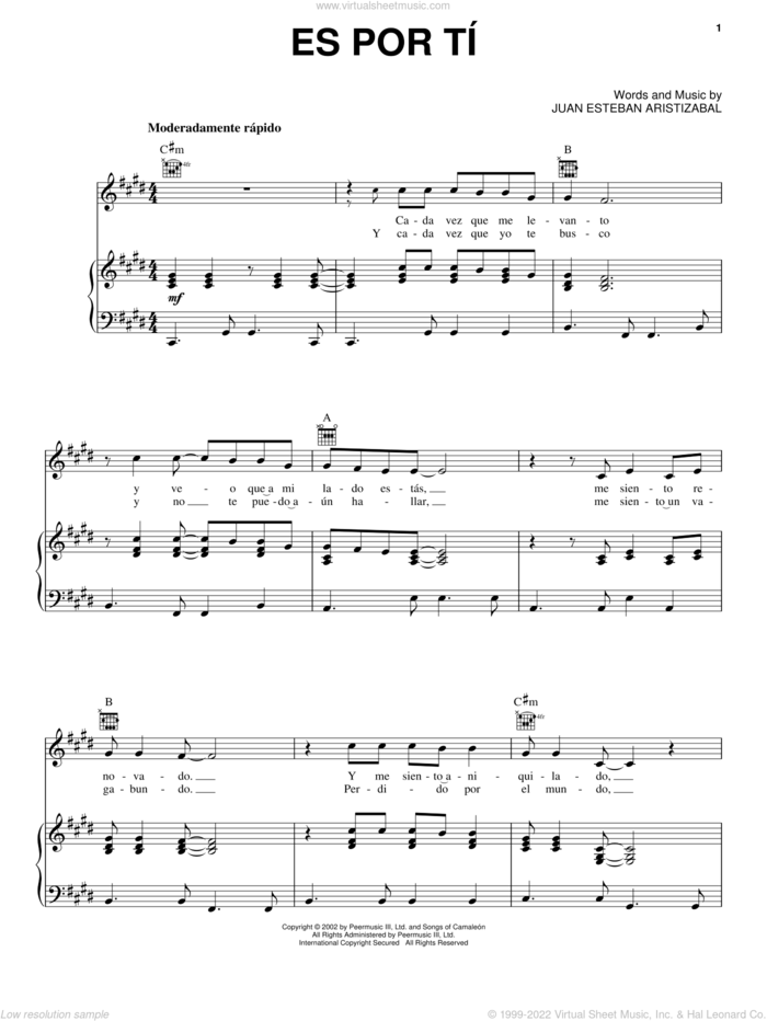 Es Por Ti sheet music for voice, piano or guitar by Juanes and Juan Esteban Aristizabal, wedding score, intermediate skill level