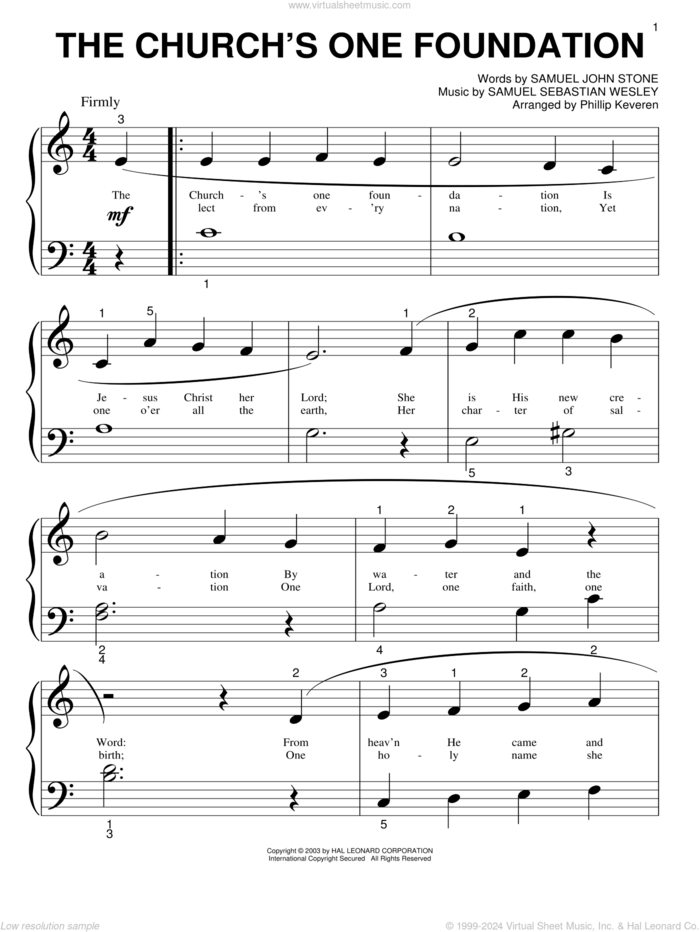 The Church's One Foundation (arr. Phillip Keveren) sheet music for piano solo (big note book) by Samuel John Stone, Phillip Keveren and Samuel Sebastian Wesley, easy piano (big note book)