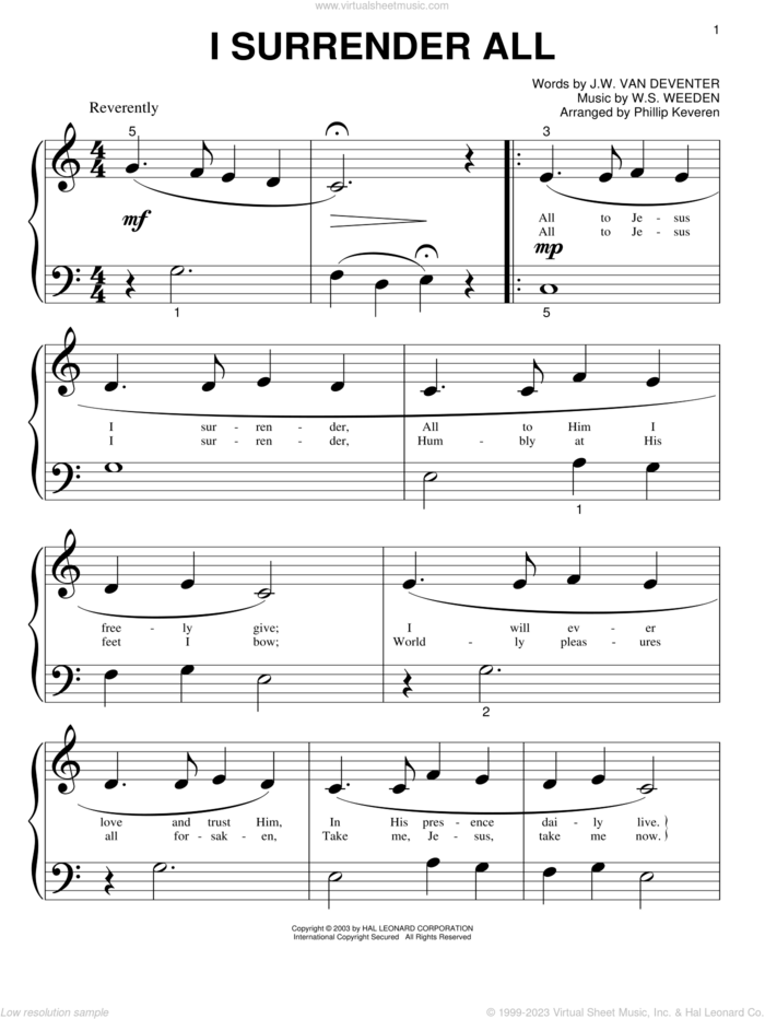 I Surrender All (arr. Phillip Keveren) sheet music for piano solo (big note book) by Judson W. Van De Venter, Phillip Keveren and Winfield S. Weeden, easy piano (big note book)