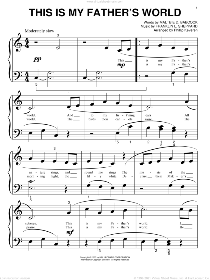 This Is My Father's World (arr. Phillip Keveren) sheet music for piano solo (big note book) by Maltbie D. Babcock, Phillip Keveren and Franklin L. Sheppard, easy piano (big note book)