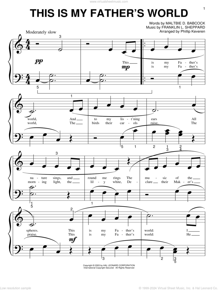 This Is My Father's World (arr. Phillip Keveren) sheet music for piano solo (big note book) by Maltbie D. Babcock, Phillip Keveren and Franklin L. Sheppard, easy piano (big note book)