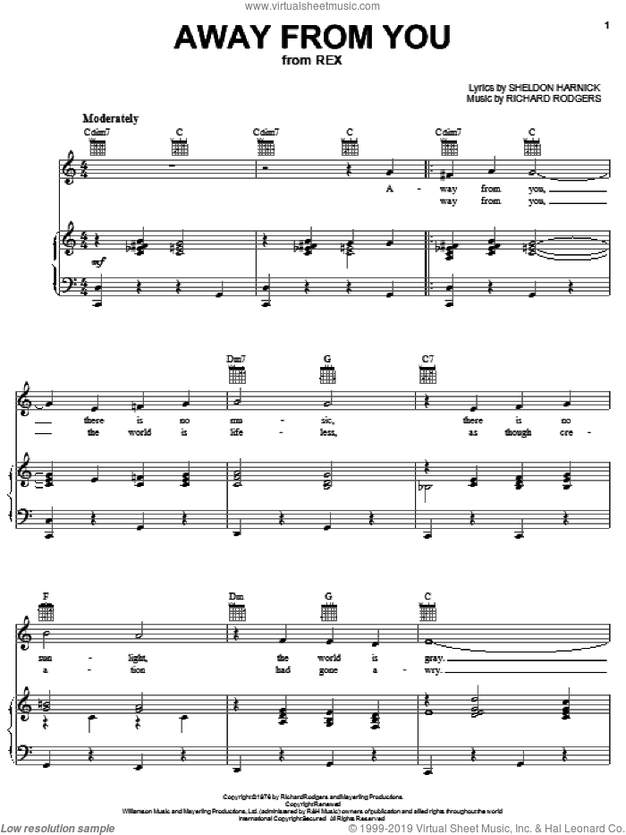 Away From You sheet music for voice, piano or guitar by Richard Rodgers, Rex (Musical) and Sheldon Harnick, intermediate skill level