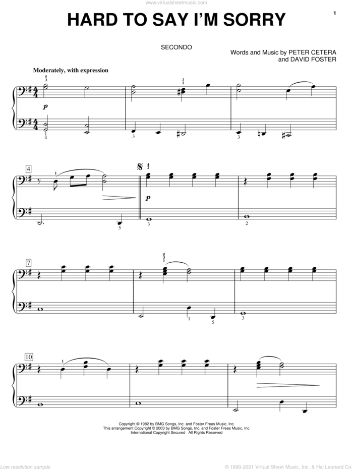 Hard To Say I'm Sorry sheet music for piano four hands by Chicago, David Foster and Peter Cetera, intermediate skill level