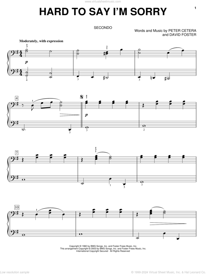 Hard To Say I'm Sorry sheet music for piano four hands by Chicago, David Foster and Peter Cetera, intermediate skill level