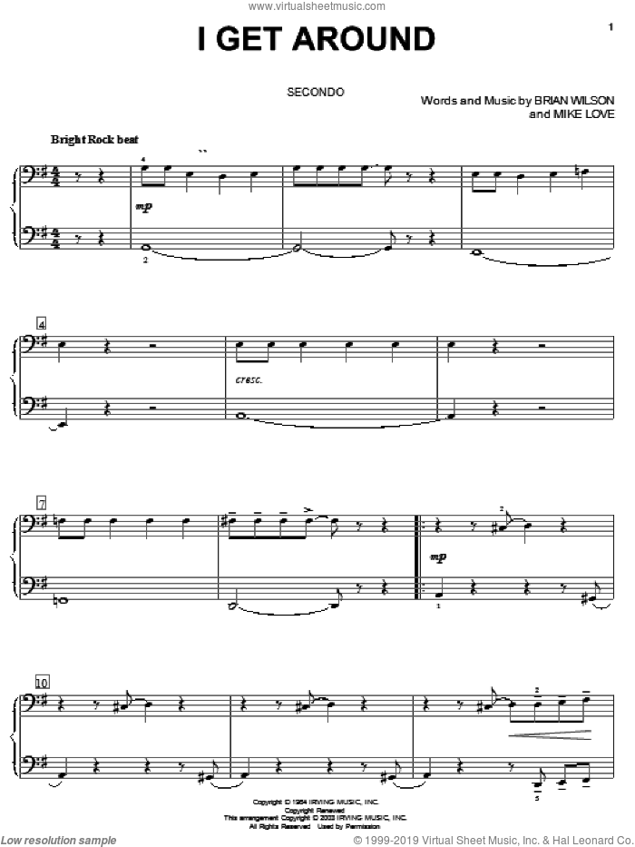 I Get Around sheet music for piano four hands by The Beach Boys, Brian Wilson and Mike Love, intermediate skill level