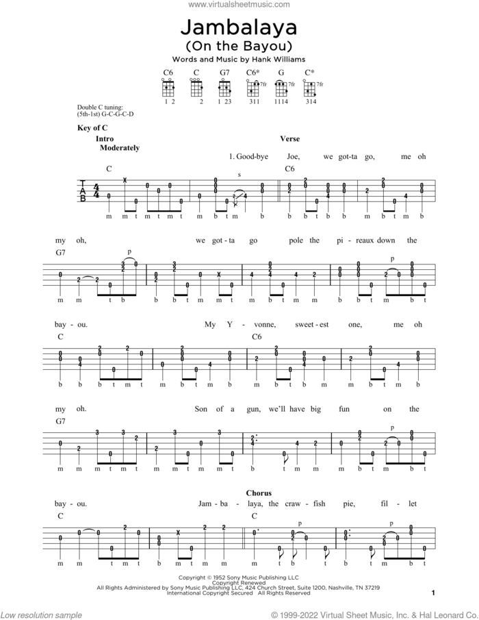 Jambalaya (On The Bayou) sheet music for banjo solo by Hank Williams and Michael J. Miles, intermediate skill level