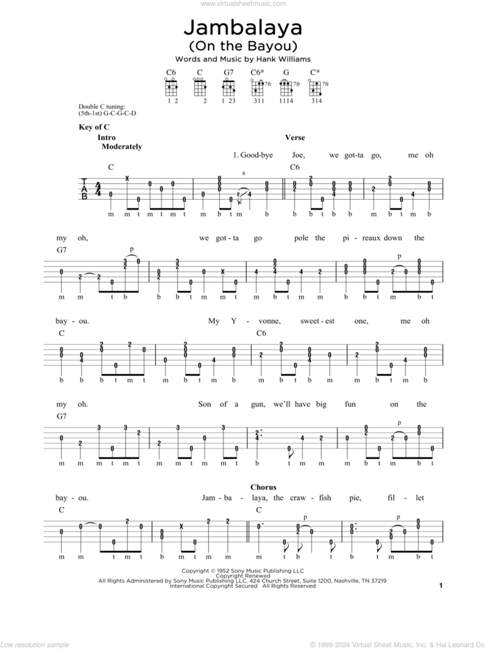 Jambalaya (On The Bayou) sheet music for banjo solo by Hank Williams and Michael J. Miles, intermediate skill level