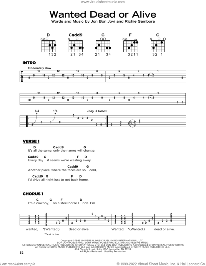 Wanted Dead Or Alive, (beginner) sheet music for guitar solo by Bon Jovi and Richie Sambora, beginner skill level