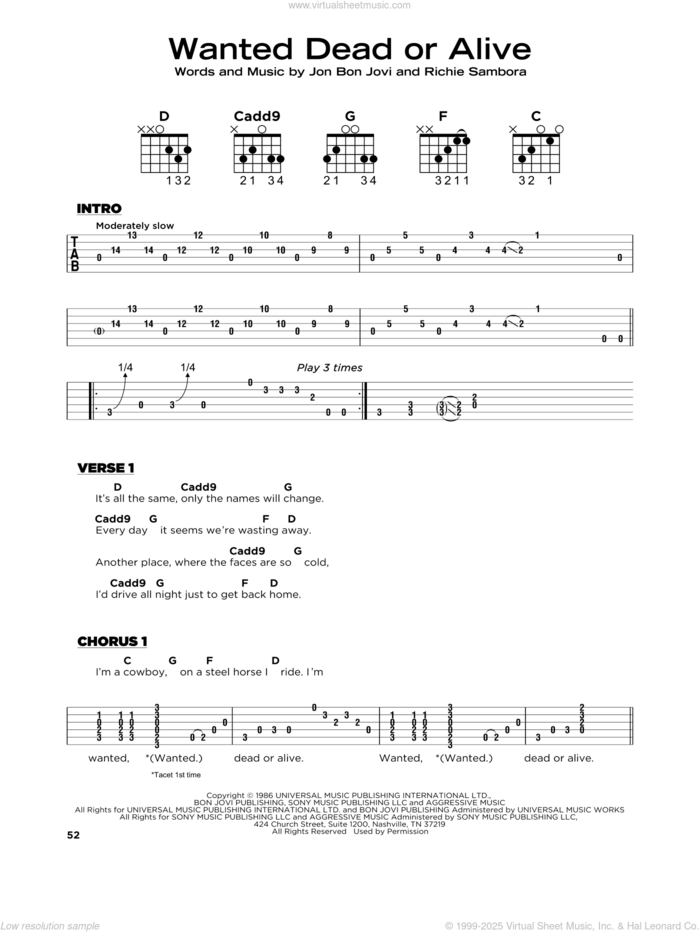 Wanted Dead Or Alive, (beginner) sheet music for guitar solo by Bon Jovi and Richie Sambora, beginner skill level