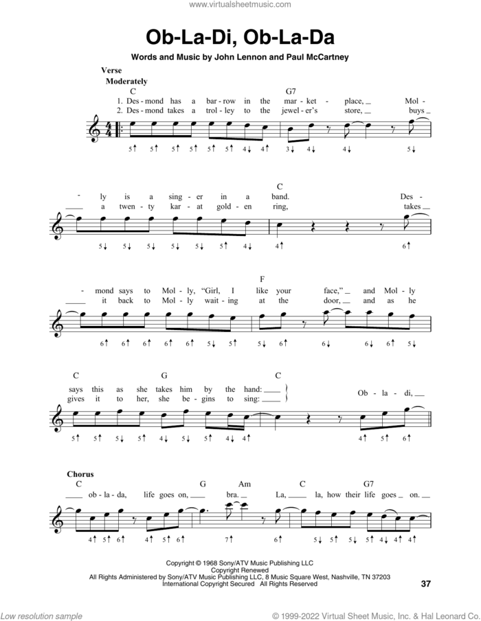 Ob-La-Di, Ob-La-Da sheet music for harmonica solo by The Beatles, John Lennon and Paul McCartney, intermediate skill level