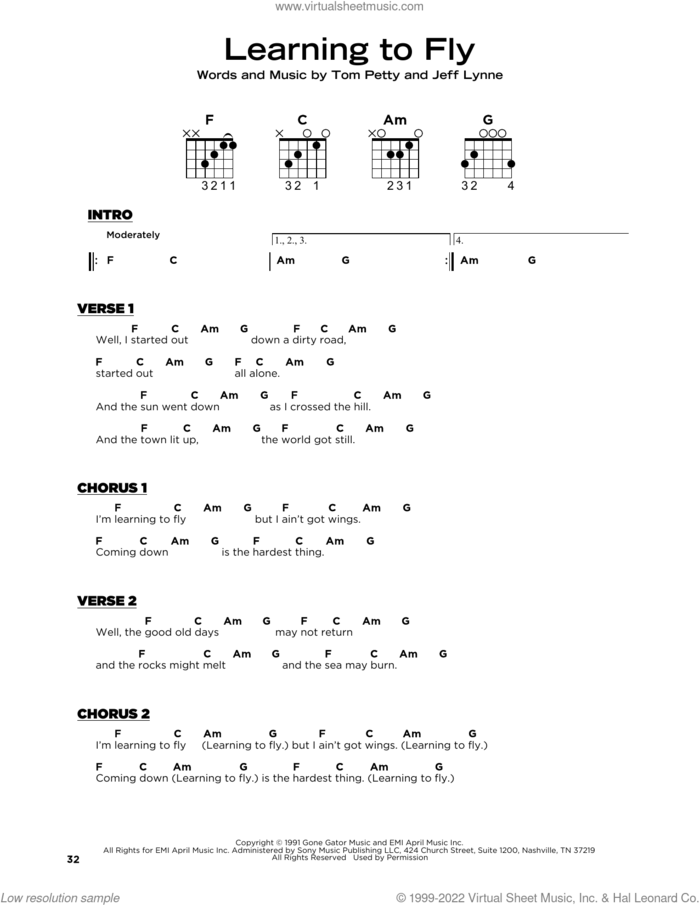 Learning To Fly, (beginner) sheet music for guitar solo by Tom Petty And The Heartbreakers, Jeff Lynne and Tom Petty, beginner skill level