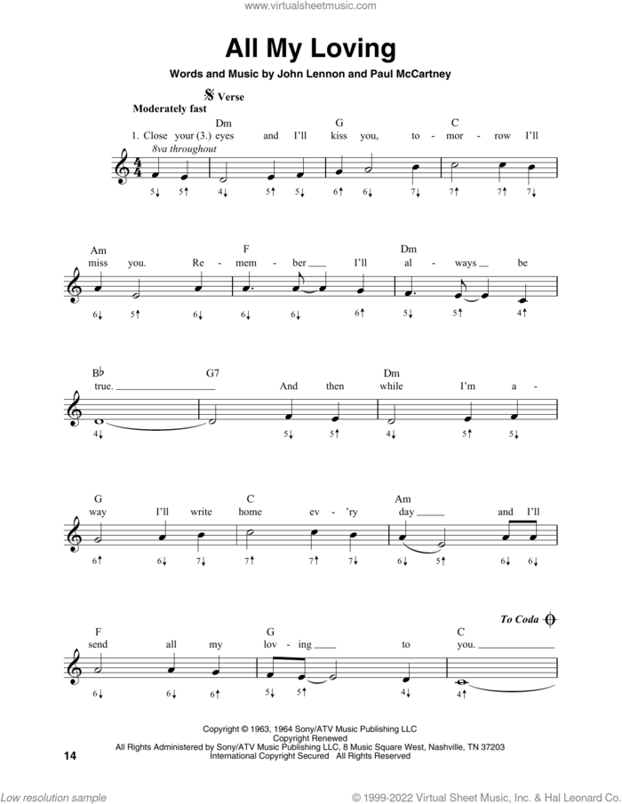 All My Loving sheet music for harmonica solo by The Beatles, John Lennon and Paul McCartney, intermediate skill level