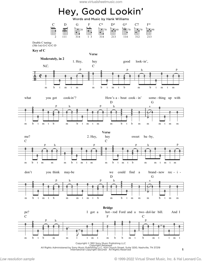Hey, Good Lookin' sheet music for banjo solo by Hank Williams and Michael J. Miles, intermediate skill level