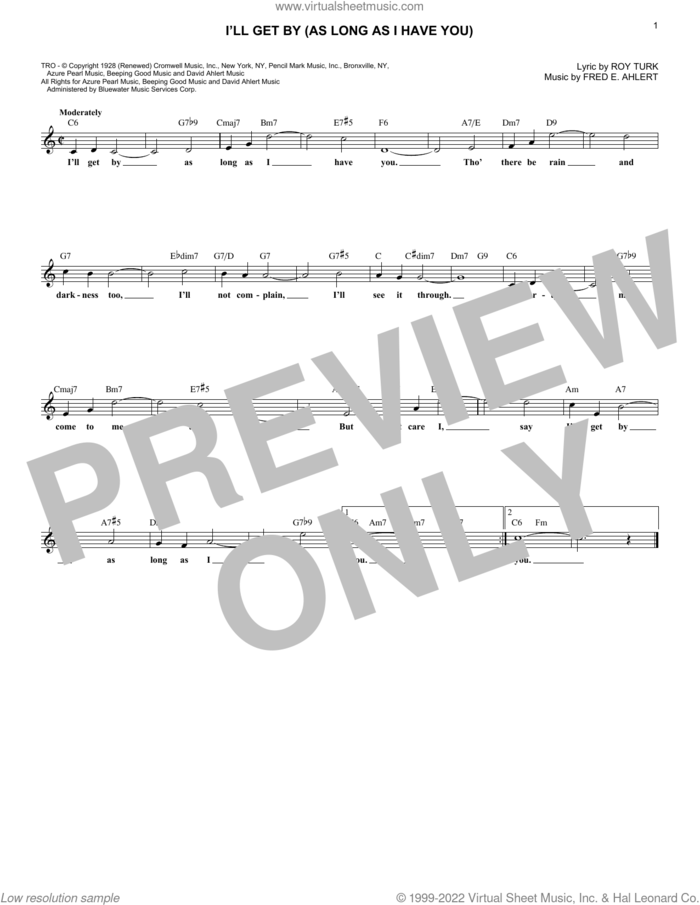 I'll Get By (As Long As I Have You) sheet music for voice and other instruments (fake book) by Billie Holiday, Fred Ahlert and Roy Turk, intermediate skill level