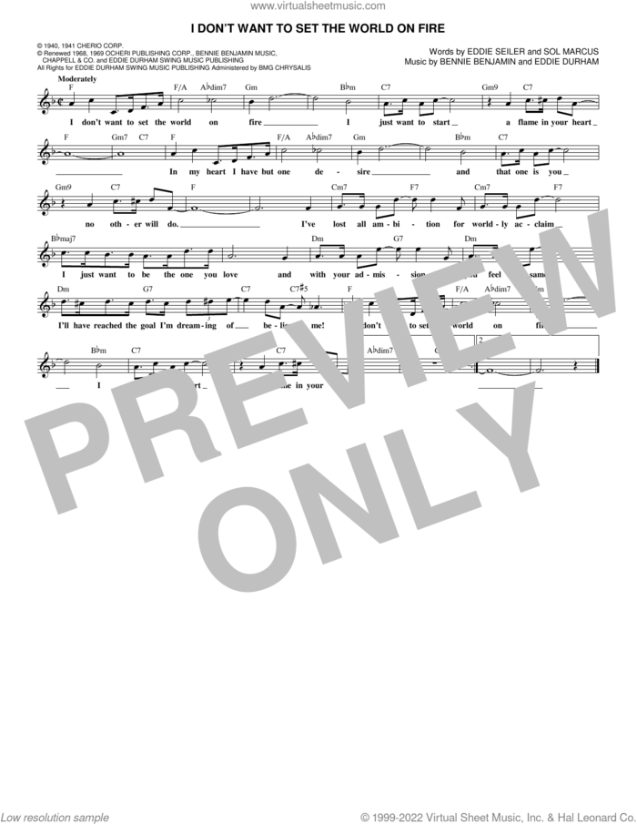 I Don't Want To Set The World On Fire sheet music for voice and other instruments (fake book) by The Ink Spots, Bennie Benjamin, Eddie Durham, Eddie Seiler and Sol Marcus, intermediate skill level