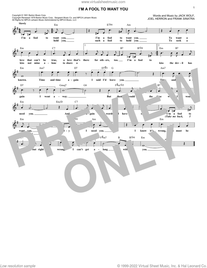 I'm A Fool To Want You sheet music for voice and other instruments (fake book) by Frank Sinatra, Chet Baker, Jack Wolf and Joel Herron, intermediate skill level